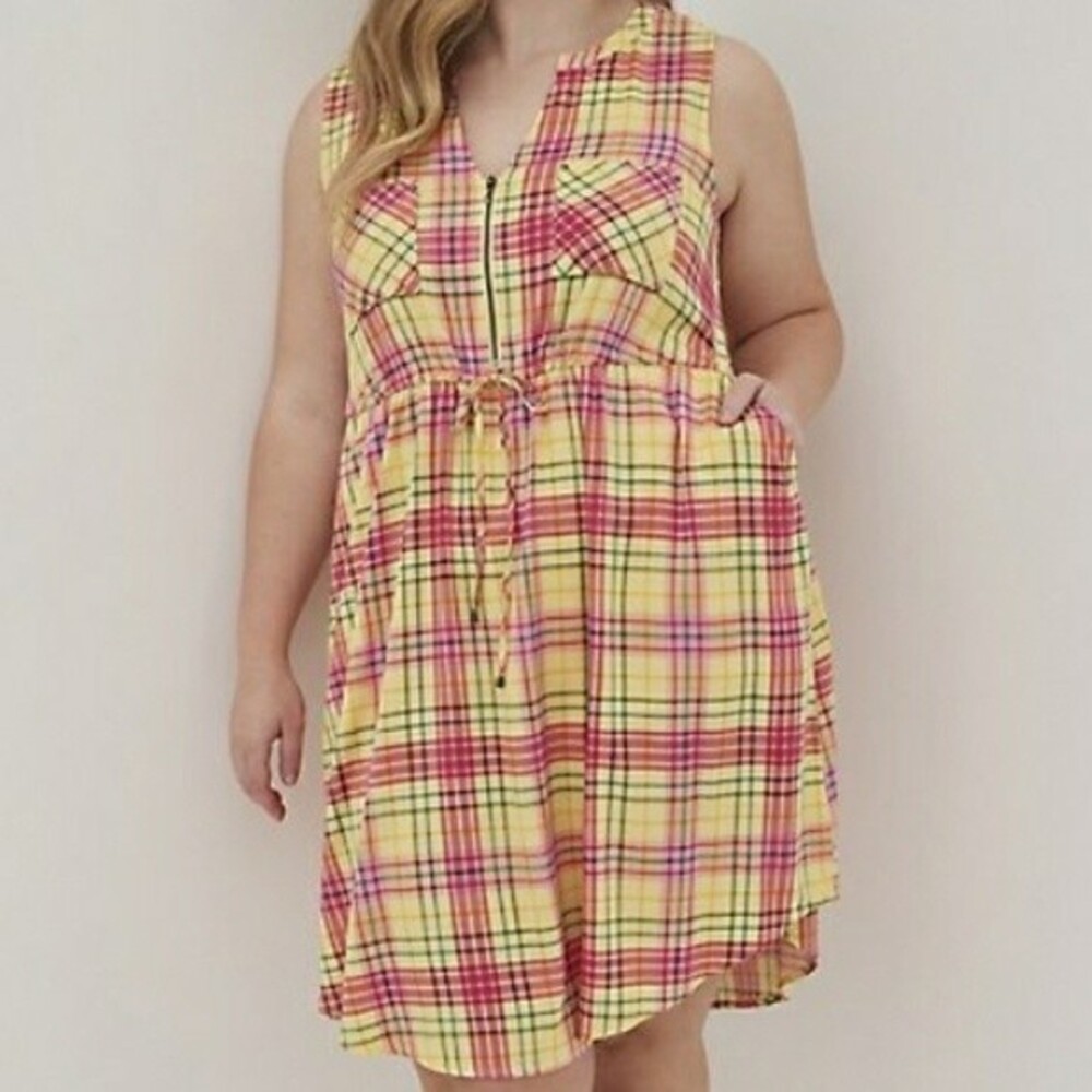 torrid Mini Challis Zip-Front Shirt Dress Yellow Fall Plaid Sleeveless